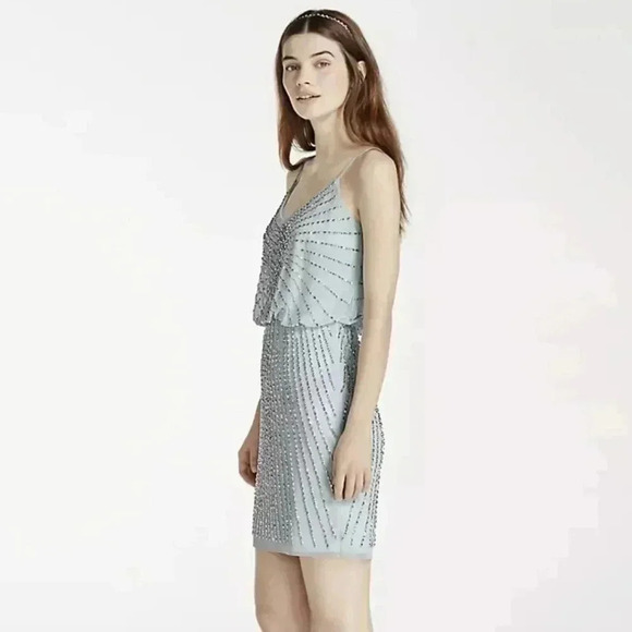 NWT Xscape Beaded Blouson Mesh Mini Party Cocktail Dress Size 6 Light Blue - Picture 2 of 14